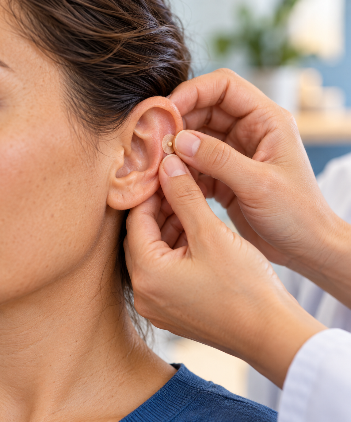 Auriculoterapia Imagen ilustrativa de auriculoterapia con una pequeña semilla adhesiva en la oreja